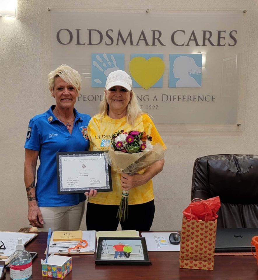 Our Auxiliary Member Dana Barrow received an Appreciation Award from the President of VFW Auxiliary 10167 in Hudson for her efforts in collecting donations after Hurricane Ian. 